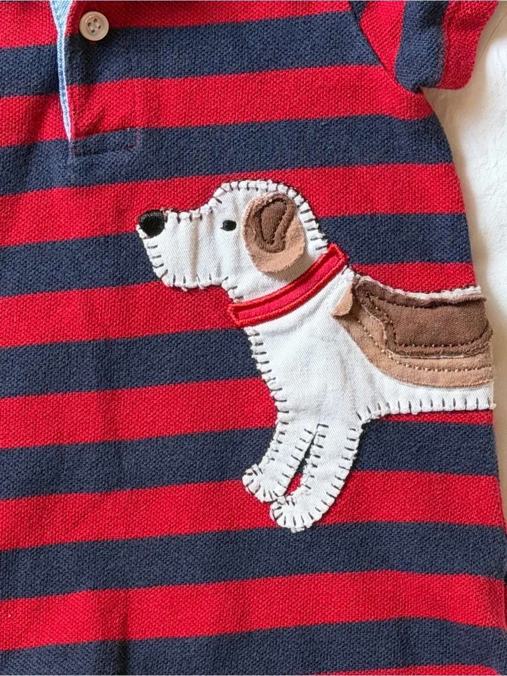 Mud Pie Baby 6-9M Red Navy Striped Polo Romper Puppy Dog Appliqué